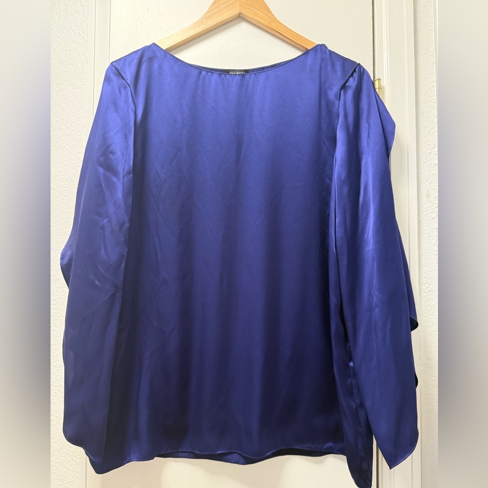 Talbots 100% Silk Sapphire Blue Flutter Sleeve Blouse Open Cape Sleeves Size 14